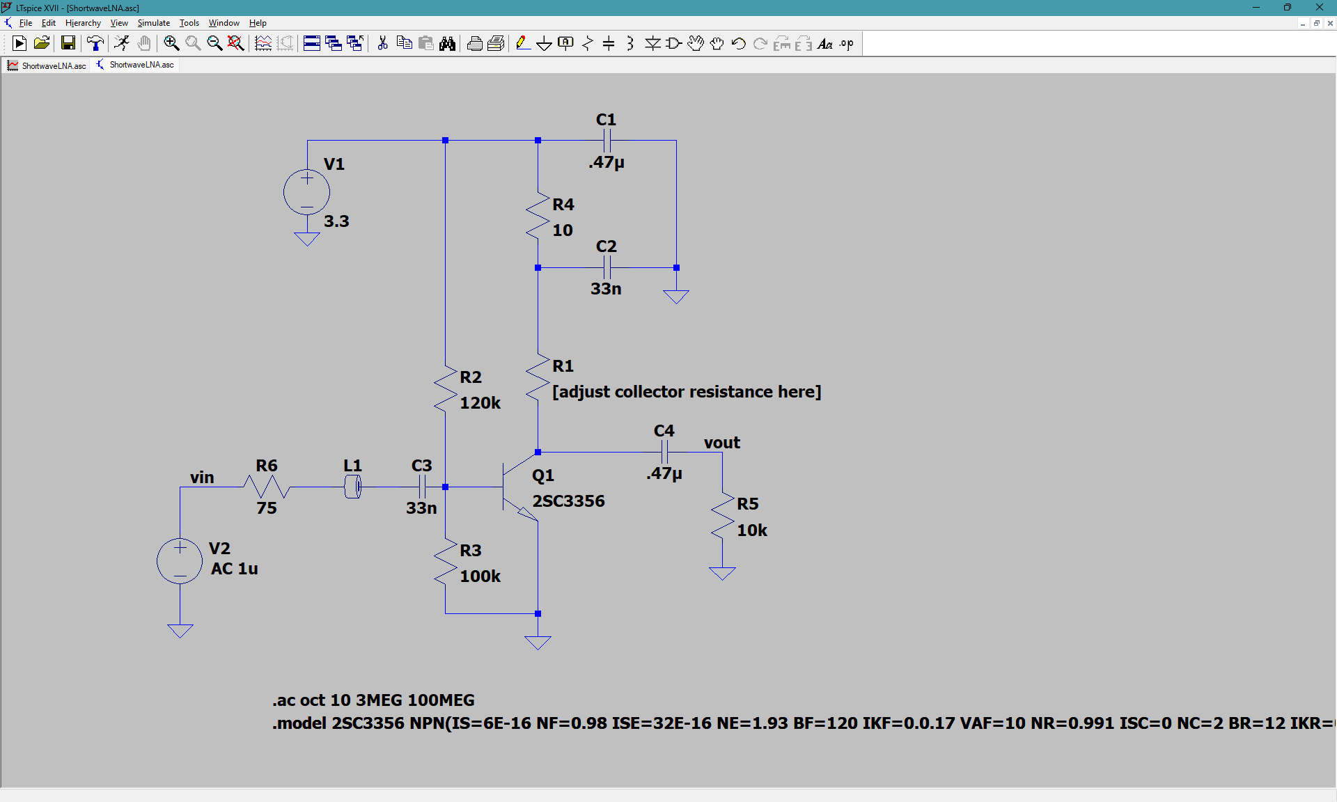 LTspice BJT common-emitter amp