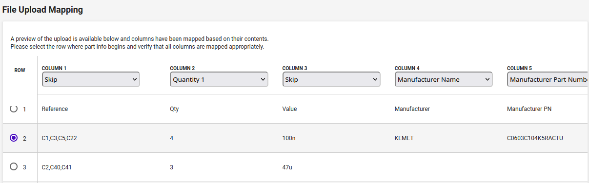 DigiKey Column Mapping